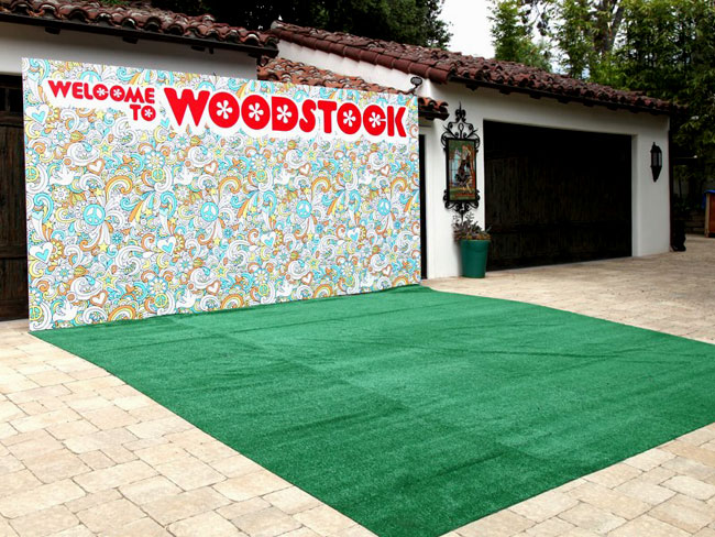 Woodstock-themed all over event backdrop rental