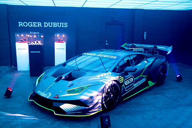 Lamborghini with banner and pedestals