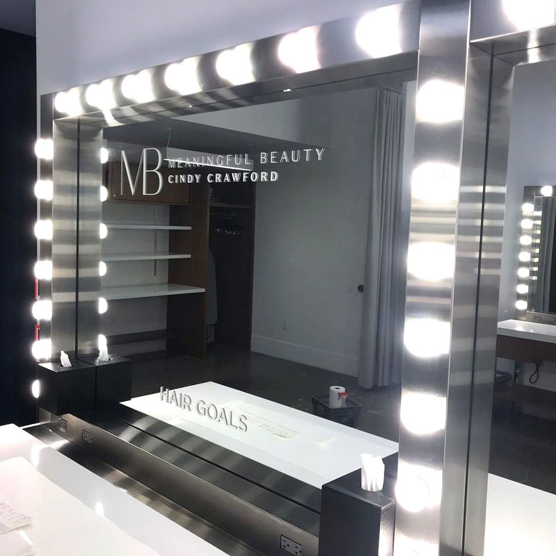Cindy Crawford's Meaningful Beauty branded mirror and make-up station.
