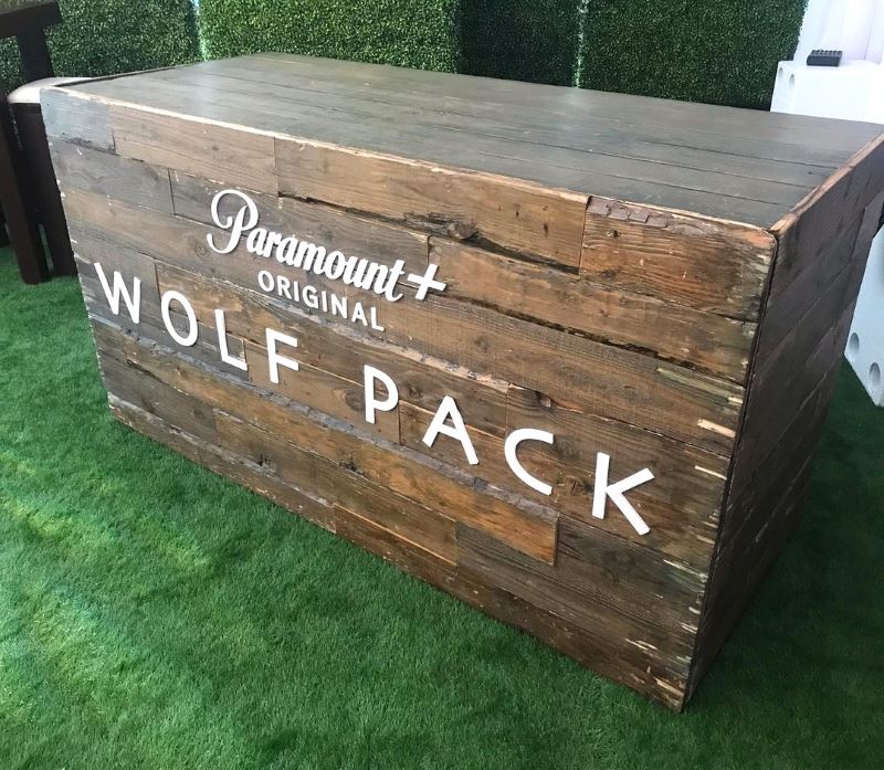 Wolf Pack custom branded wood DJ booth by Red Carpet Systems.